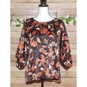 Andrew Marc New York Floral Blouse Top Size M Kimono Half Sleeve Silky Career